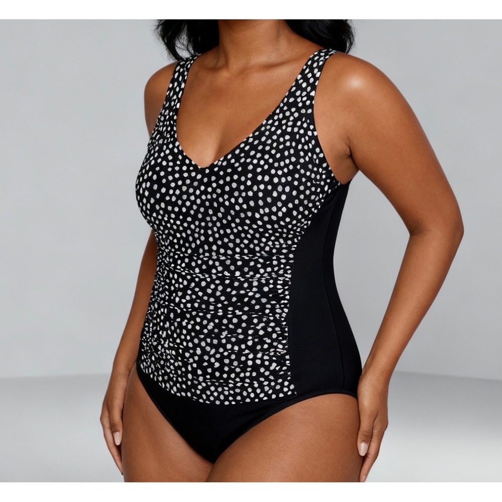 Trimshaper Jean One‎ Piece Funfetti Black Polka Dot Ruched Slimming Resort 14